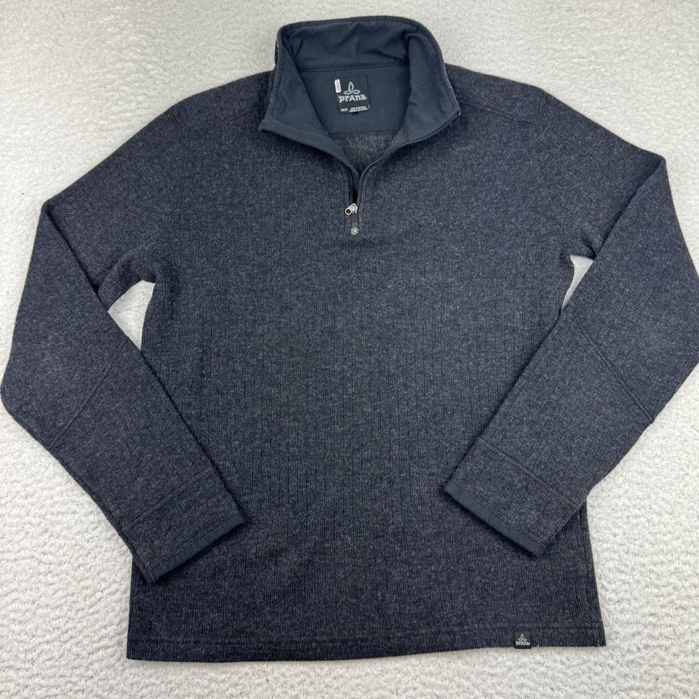 Prana Trask Sweater Men's Medium 1/4 Zip Pullover Ribbed Wool Blend Gray‎